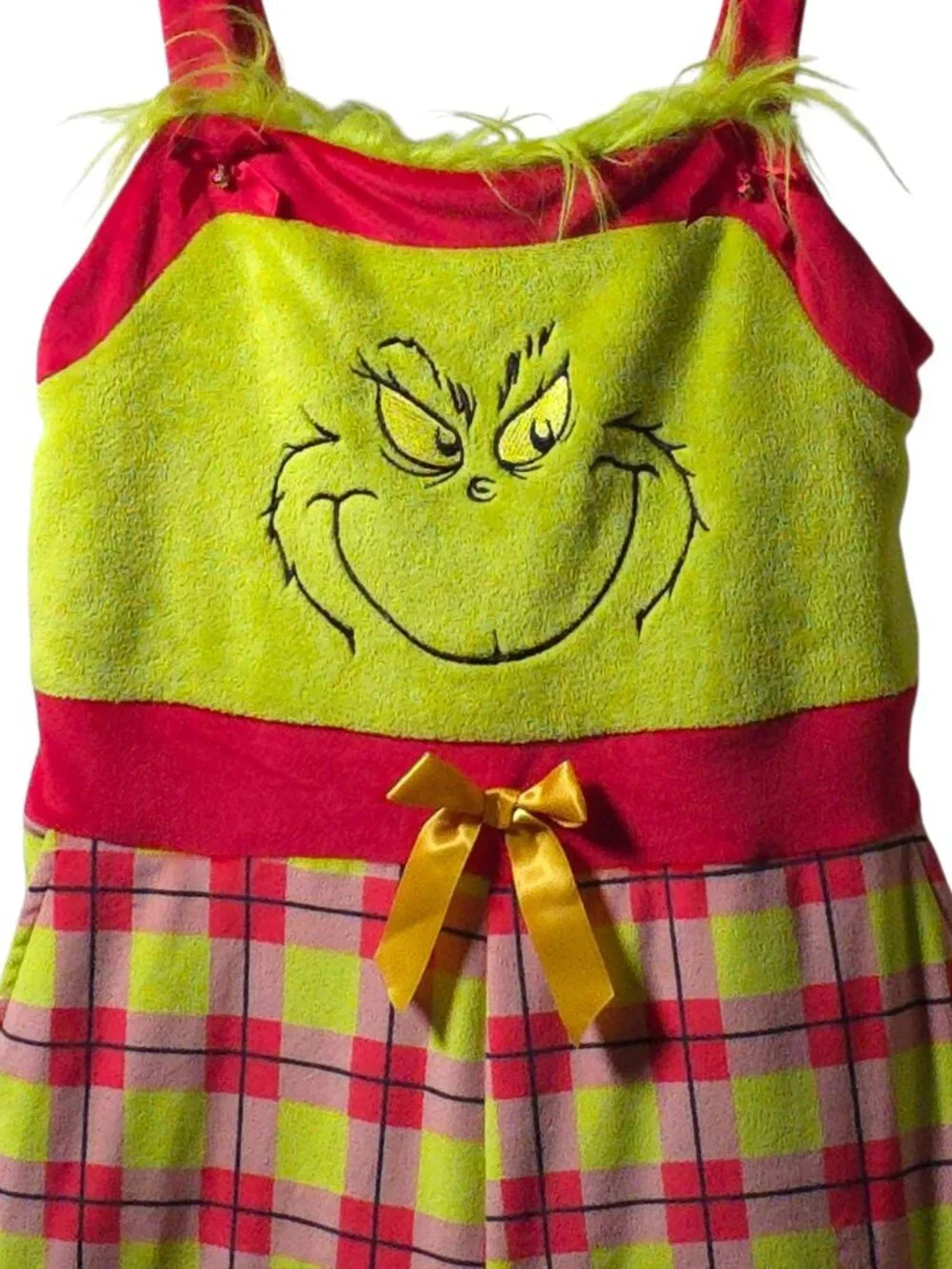 The Grinch Small Christmas Pajama Overalls Plaid Fuzzy Trim Dr Seuss Jumpsuit